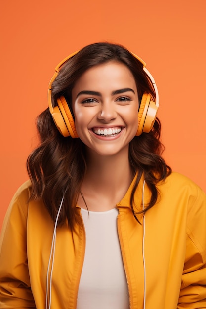 Ai generated a beautiful smiling woman wearing earbuds light orange