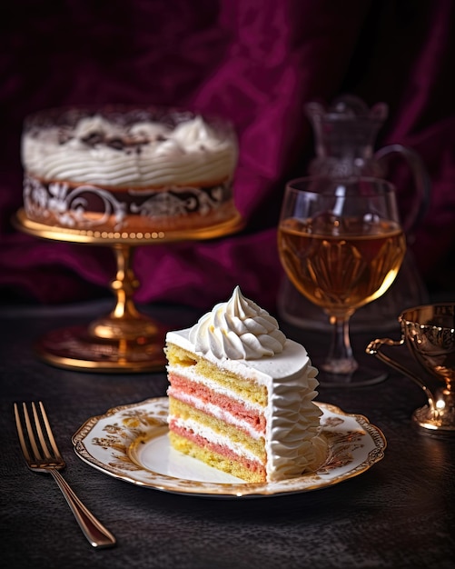 AI generated cake with pink cream and lace on a vintage tray