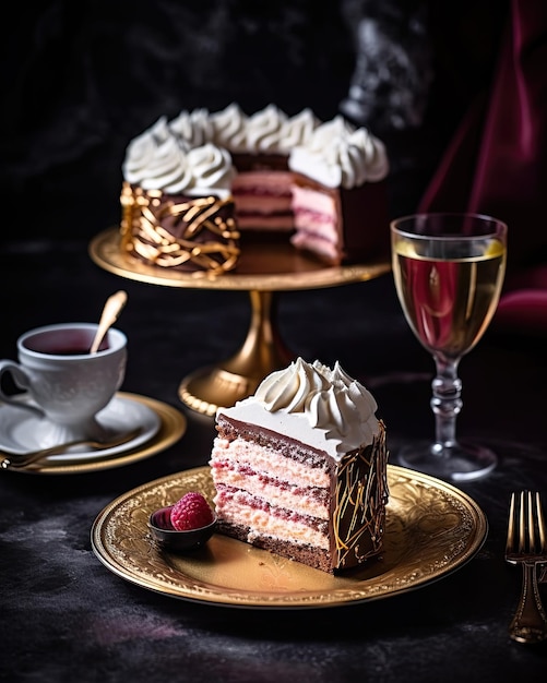 AI generated cake with pink cream and lace on a vintage tray