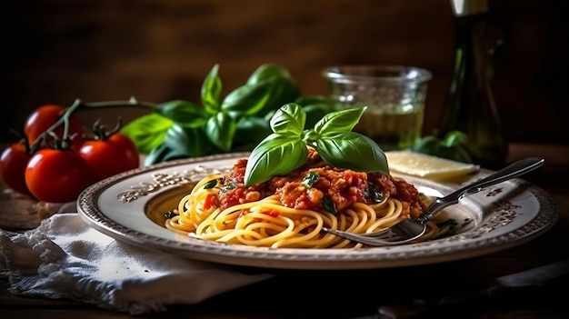 AI Generated Classic Italian Dish Al Dente Spaghetti with Flavorful Bolognese Sauce Rustic Table Set...