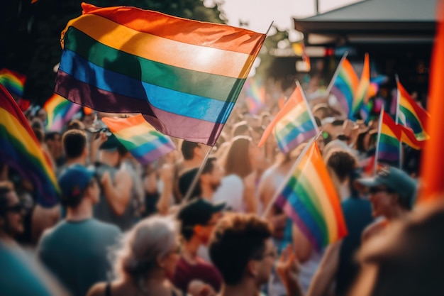 AI generated closeup rainbow flags of LGBT community blowing in wind at street of gay parade