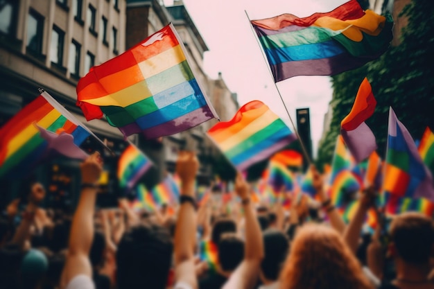 AI generated closeup rainbow flags of LGBT community blowing in wind at street of gay parade