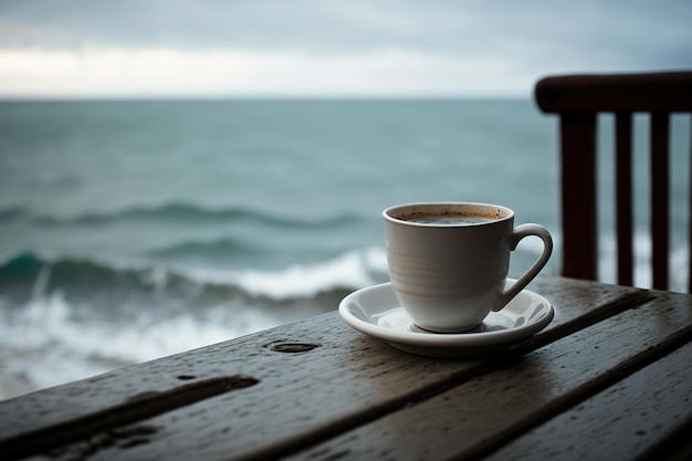 AI generated a cup of coffee on a table by the sea