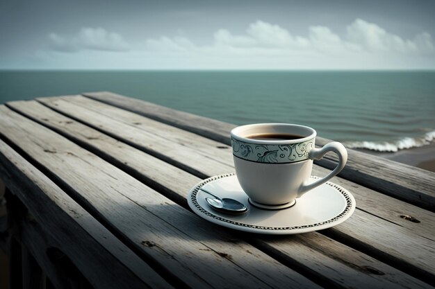 AI generated a cup of coffee on a table by the sea