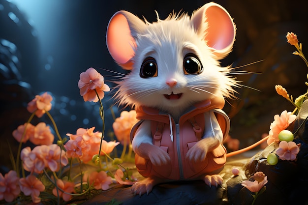 Ai generated cute 3d mouse with candle and flower background