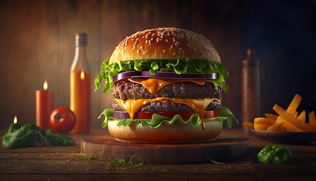 AI generated double hamburger on cutting board Fast food or BBQ restaurant tasty hamburger big burger or sandwich with meat vegetables cheese and sesame seed bun fries and candles on background