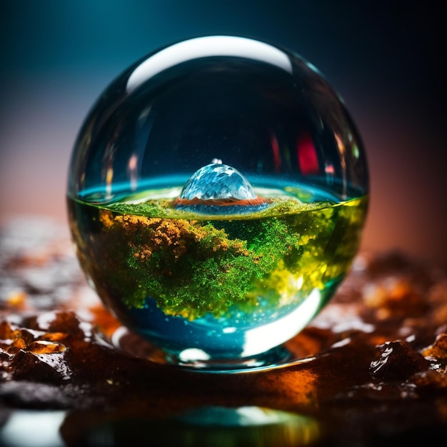 AI generated Earth inside a water drop vibrant color volumetric