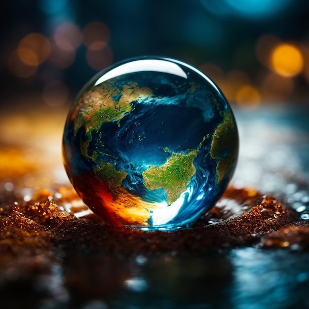 AI generated Earth inside a water drop vibrant color volumetric