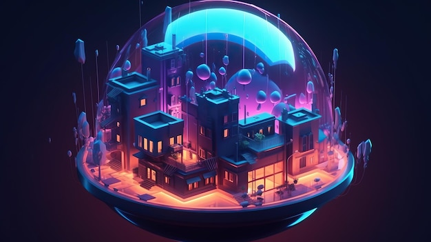 AI generated futuristic isometric exterior design of a utopia city of the future in a glass sphere and neon light