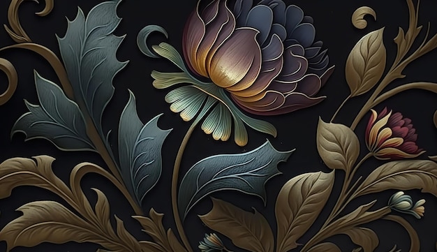 AI Generated Generative AI Floral pattern wallpapper Flowers and leafes Can be used fore decoration Inpired by the style of William Morris Color Illustration