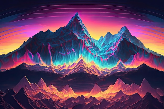 AI Generated Generative AI Syntwave Mountains Future Adventure Exploration Can be used for decoration Illustration in cyberpunk style