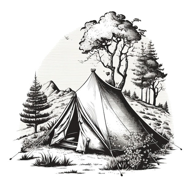 AI Generated Generative AI Vintage Retro camping tent in engraving style Adventure trip journy motivational poster Can be used for decoration and inspiration Graphic Art Illustration