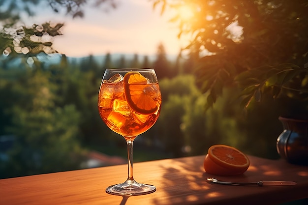 Ai generated Glass with aperol spritz on the table at beach