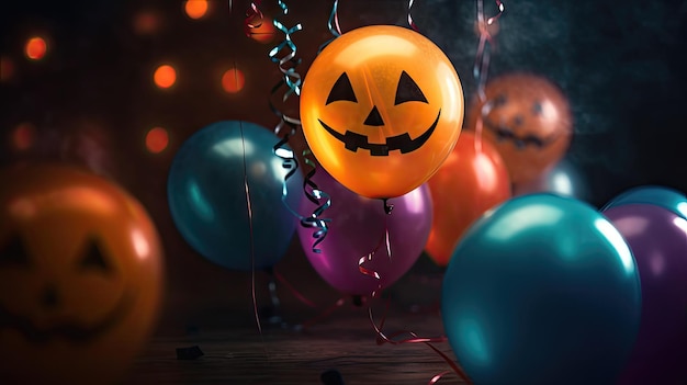 AI generated Halloween pumpkins with scary faces on dark background Selective focus