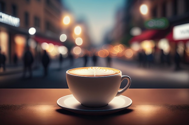 AI generated of hot art latte coffee in cup on wooden table and coffeeshop blur background