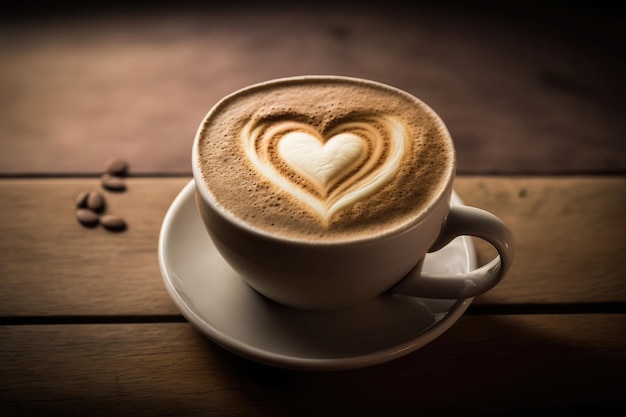 AI generated of hot art latte coffee in cup on wooden table and coffeeshop blur background