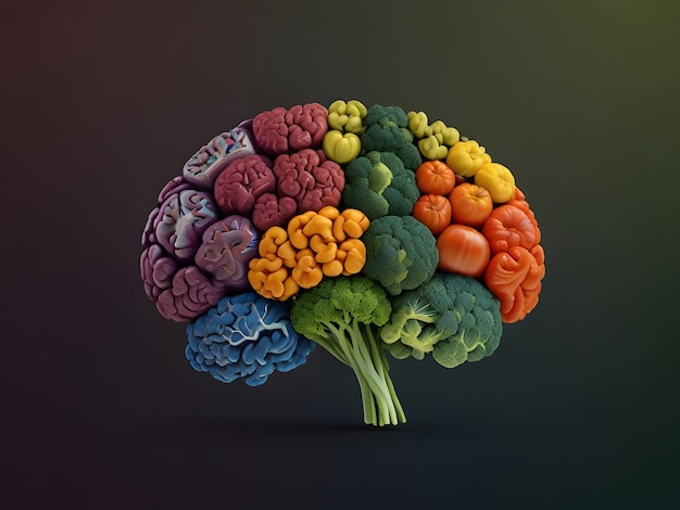 AI generated human brain comprised of a rainbow of veggies veganism and the idea of a healthy diet