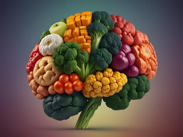 AI generated human brain comprised of a rainbow of veggies veganism and the idea of a healthy diet