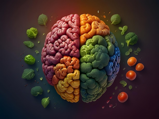 AI generated human brain comprised of a rainbow of veggies veganism and the idea of a healthy diet