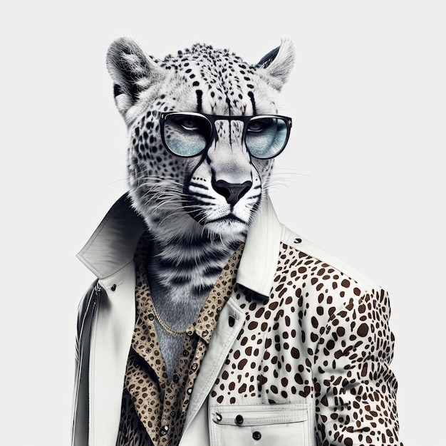 Ai generated illistration of snow leopard wearing a designer jacket high fashion