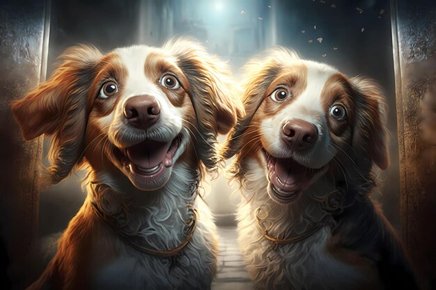 AI generated illustration of an adorable family of dogs smiling and looking directly at the camera