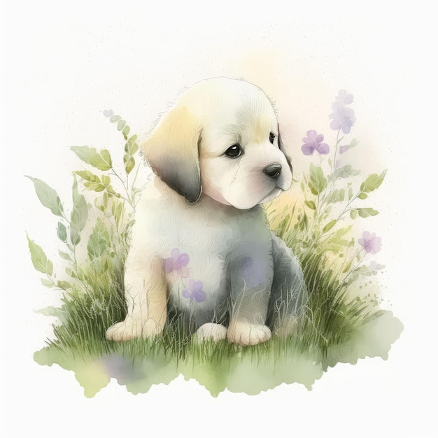 AI generated illustration of adorable fluffy puppy in the garden watercolor painting