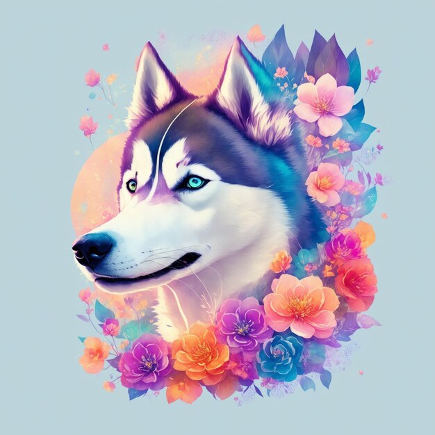 AI generated illustration of an adorable husky dog surrounded by vibrant flowers