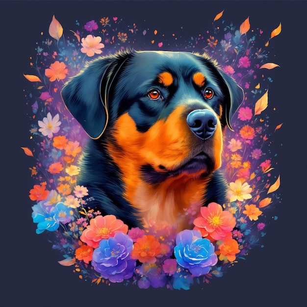 AI generated illustration of an adorable Rottweiler dog surrounded by vibrant flowers