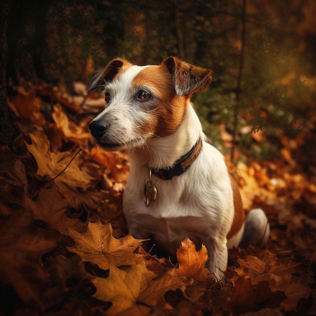 AI generated illustration of AJack Russell Terrier dog is sitting in a pile of leaves