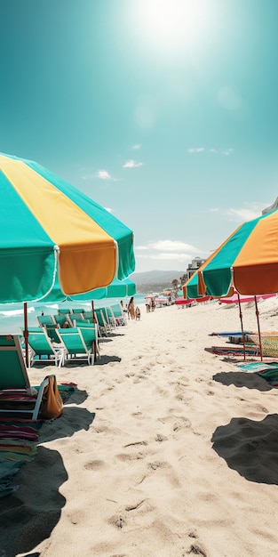 Ai generated illustration of beach umbrella with chairs on the sand