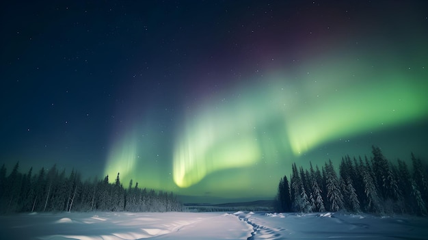 AI generated illustration of beautiful aurora borealis lights over a snowy winter forest