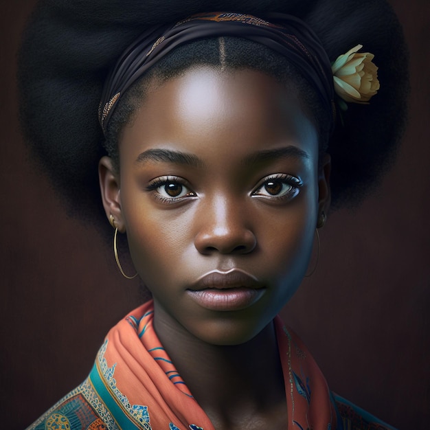 An AI generated illustration of beautiful young afro model, studio portrait, with hair tied up