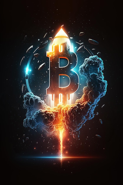 Ai generated Illustration Bitcoin sign flying out of rocket on dark background