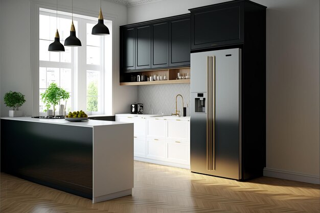 AI generated illustration of A black and white modern kitchen with gold accents.