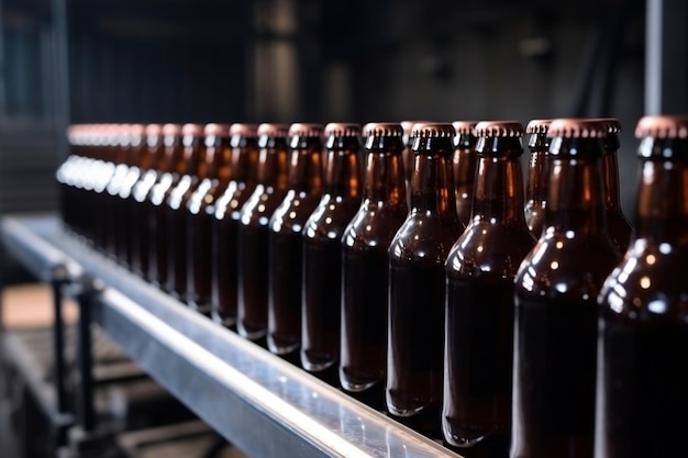 AI generated illustration of brown glass beer drink alcohol bottles in brewery