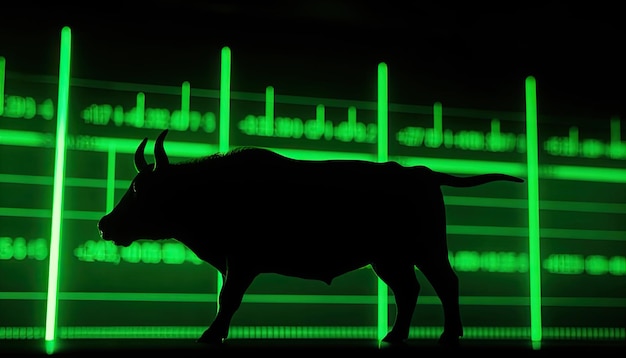 AI generated illustration of Bull stock exchange glowing neon bull