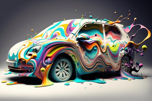 Ai generated illustration of car covered with splah colorful paint