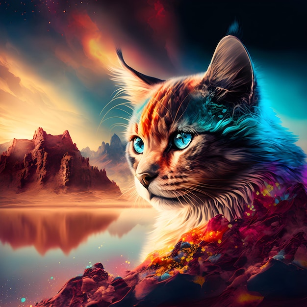 Photo ai generated illustration of a cat illuminated by vibrant lights, perched atop a rocky outcrop