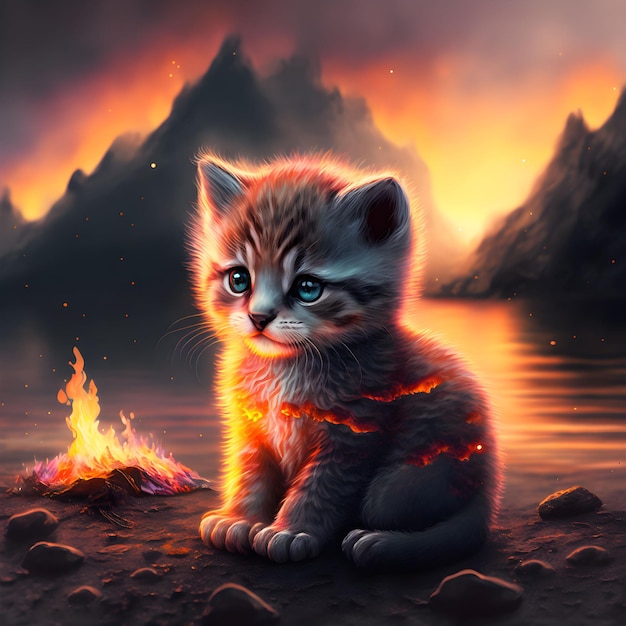 AI generated illustration of a cat illuminated by vibrant lights, perched atop a rocky outcrop