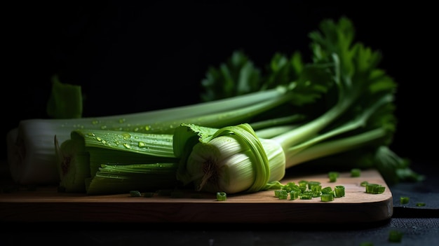 An AI generated illustration of celery stalks cut and arranged on a wooden cutting board