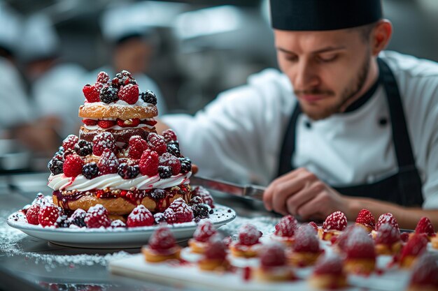 AI generated illustration of a chef gives the final touch to a special sweet delicacy