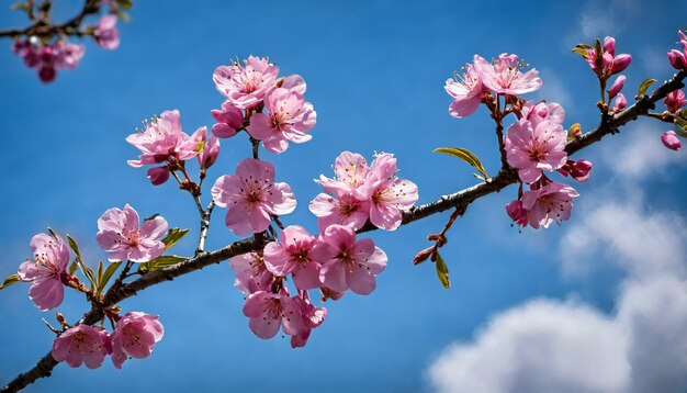 AI generated illustration of cherry blossoms in bloom against a blue sky with white fluffy clouds