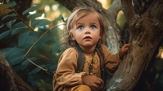 AI generated illustration of a child with blue eyes wearing a yellow shirt climbing on a tree limb