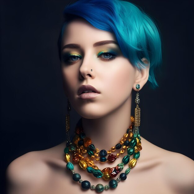 An AI generated illustration of a confident young woman with blue hair and unique jewelry