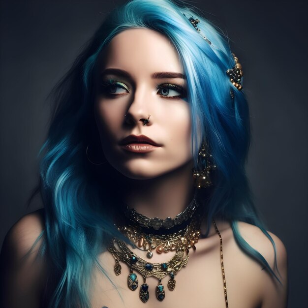 An AI generated illustration of a confident young woman with blue hair and unique jewelry