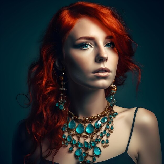 AI generated illustration of a confident young woman with red hair and unique jewelry