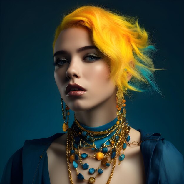 An AI generated illustration of a confident young woman with yellow hair and unique jewelry