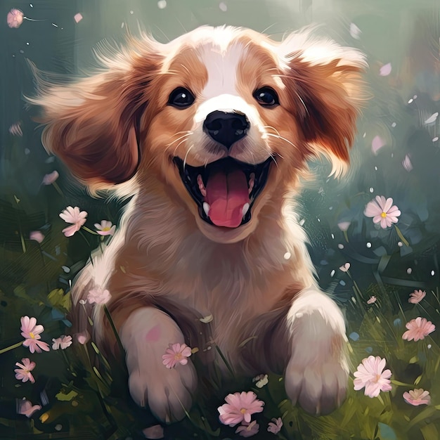 AI generated illustration of a contentedlooking canine resting in a field of grass and wildflowers