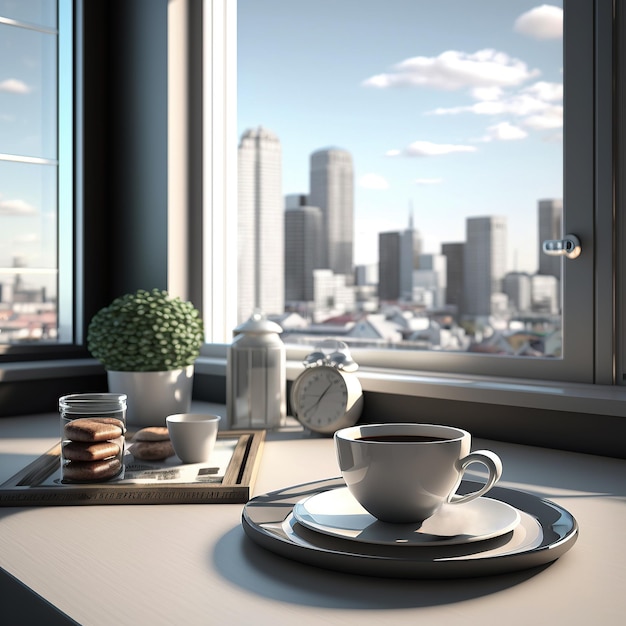 Ai generated Illustration cup of coffee on a table with a view of a city skyline in the background