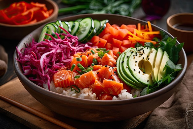 AI generated illustration of a delicious fresh poke bowl, with rice, avocado, and salmon